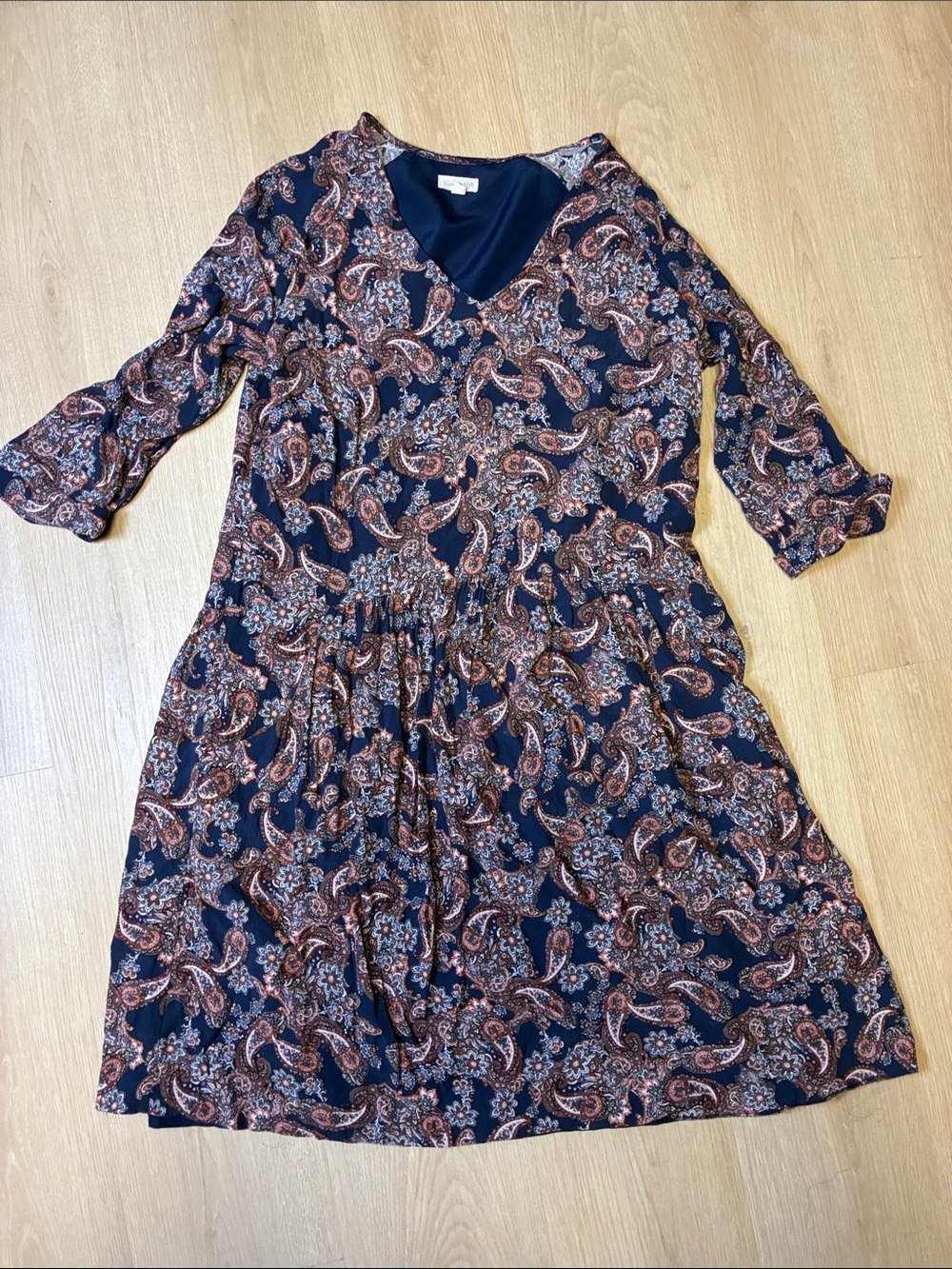 Garnet Hill Navy Paisley V-Neck 3/4 Sleeve Dress size 14